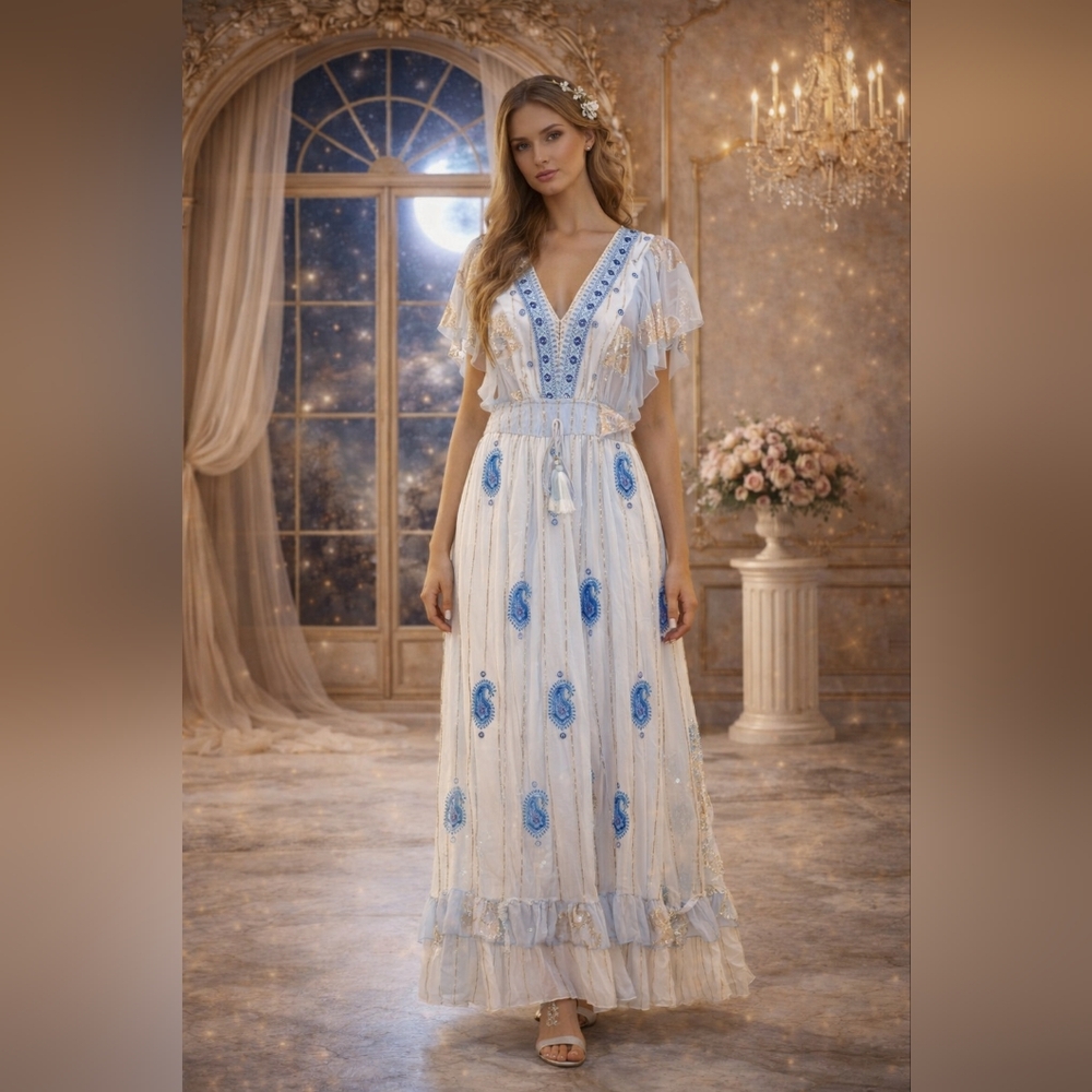 NWT Palak Blue & Ivory Embroidered Boho Maxi Dress | Gold Metallic | One Size